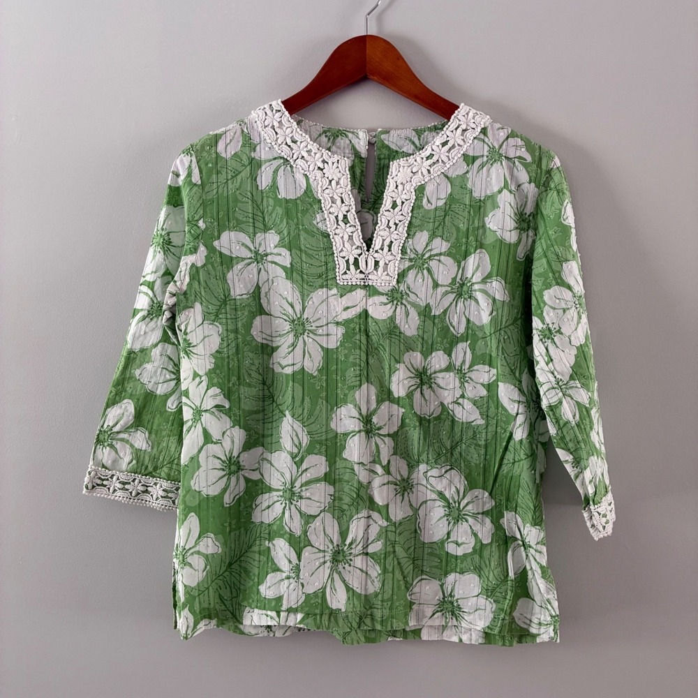 Alfred Dunner Green Floral Cotton Crochet Trim Top Petite 10P 3/4 Sleeve Tunic